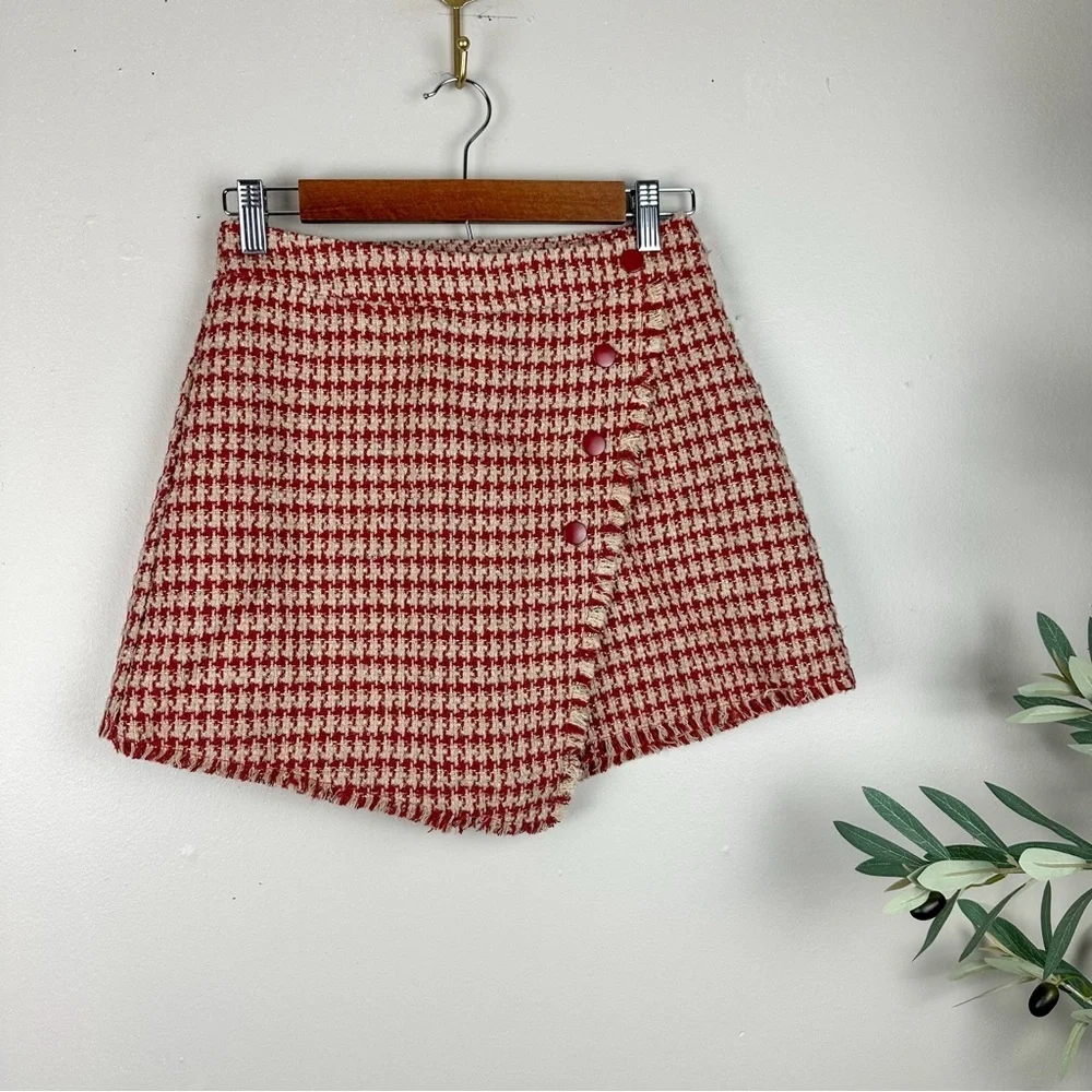 Women Modern Surplice Tweed Textured Mini Skort Houndstooth Skirt Red